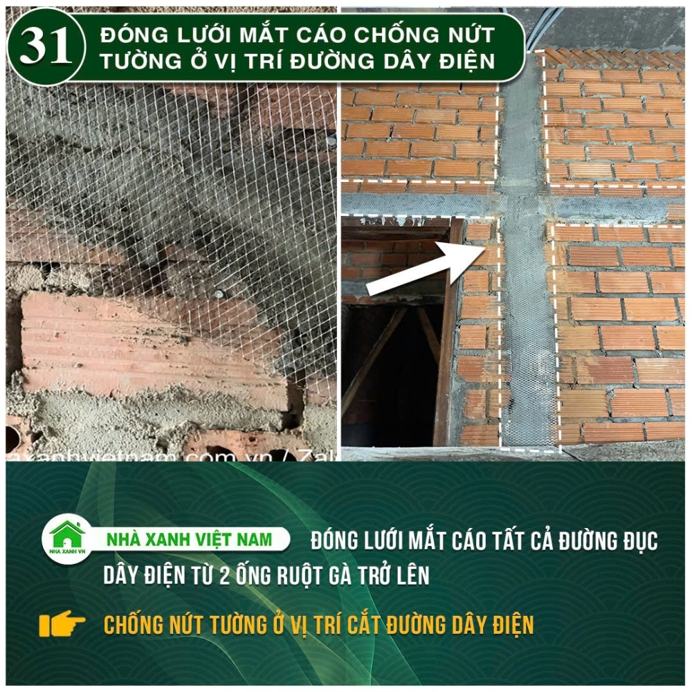 #77 Biện pháp thi công và Quy Trình bắt buộc trong thi công 108 Đóng lưới mắt cáo chống nứt tường ở vị trí đường dây điện