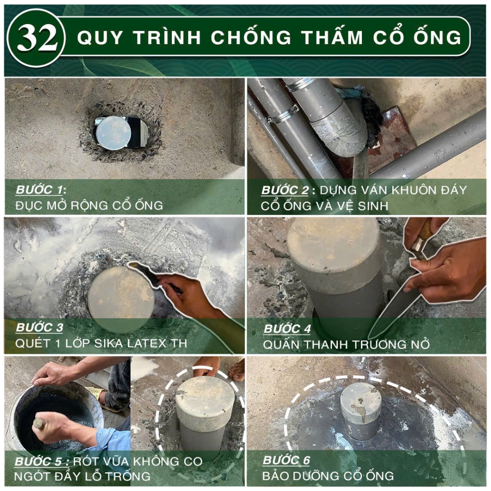 34 điểm nổi bật Nhà Xanh Việt Nam đang áp dụng trong thi công 68 Quy trình chống thấm cổ ống qua 6 bước