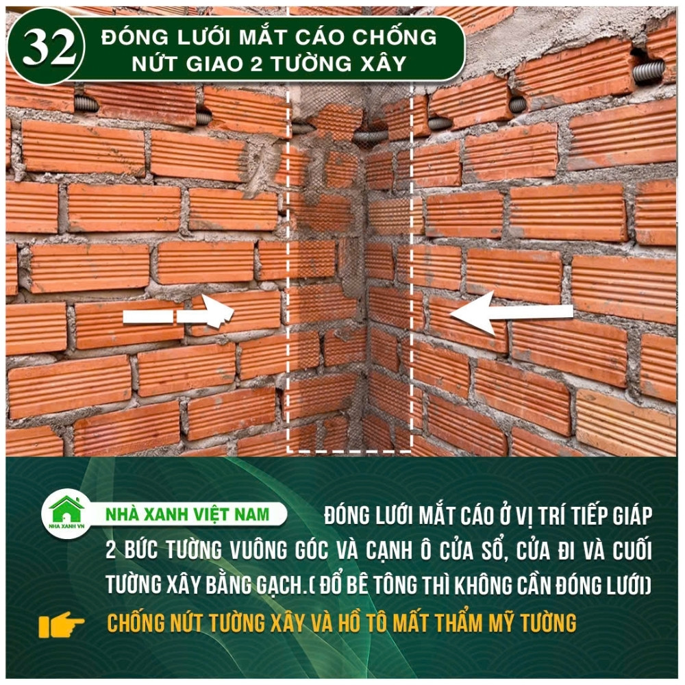 #77 Biện pháp thi công và Quy Trình bắt buộc trong thi công 109 Đóng lưới mắt cáo chống nứt giao 2 tường xây