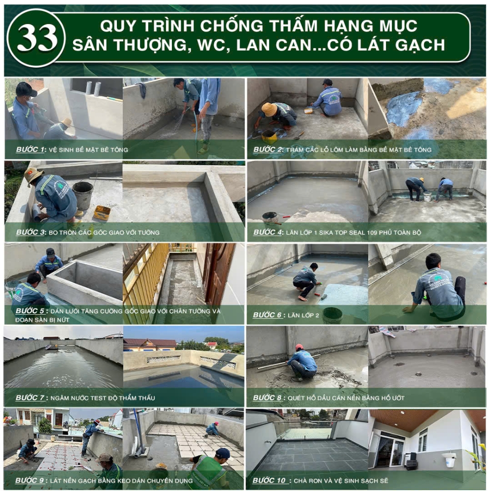 34 điểm nổi bật Nhà Xanh Việt Nam đang áp dụng trong thi công 69 Quy trình chống thấm ban công, sân thượng, sàn mái qua 10 bước