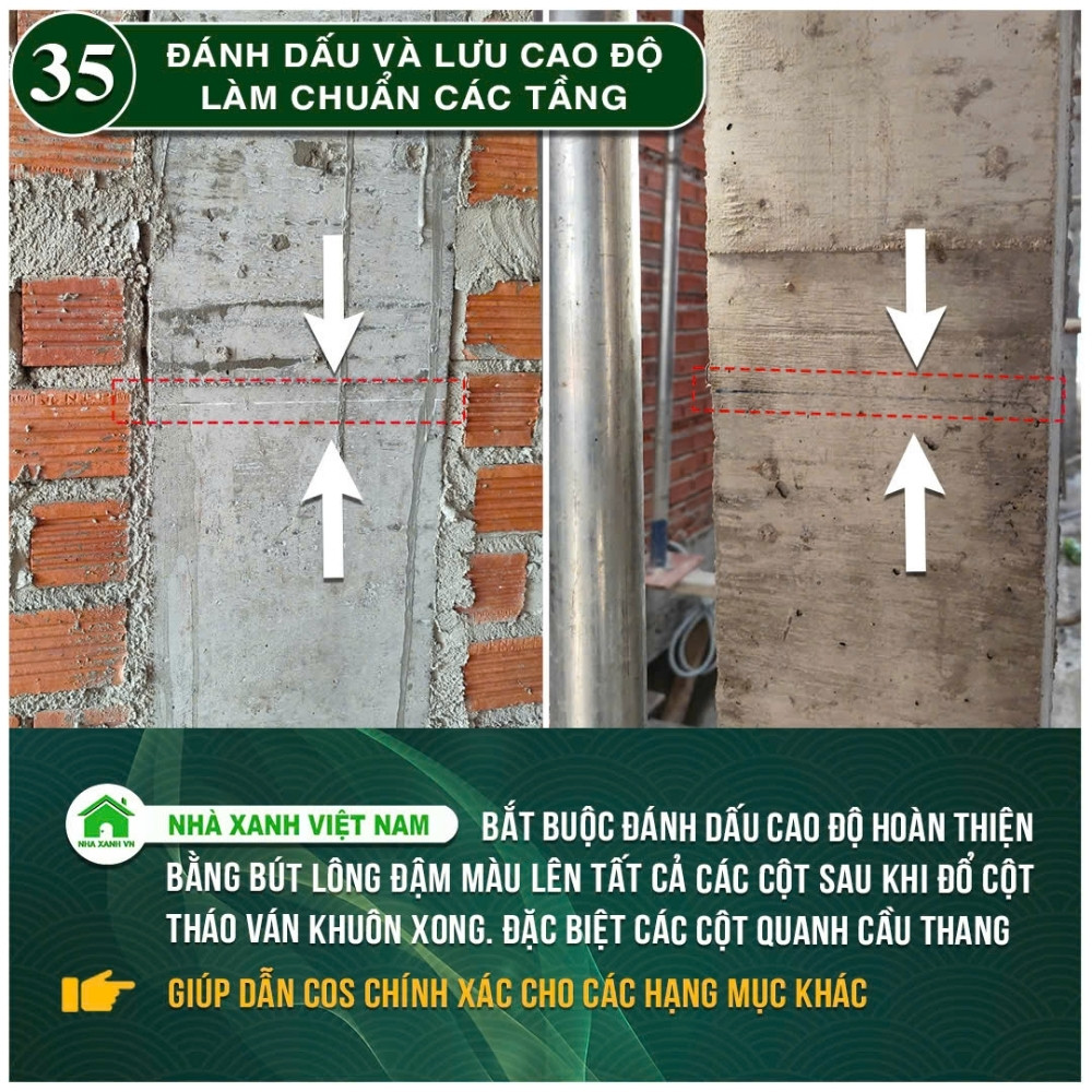 #77 Biện pháp thi công và Quy Trình bắt buộc trong thi công 112 Đánh dấu và lưu cao độ làm chuẩn các tầng.