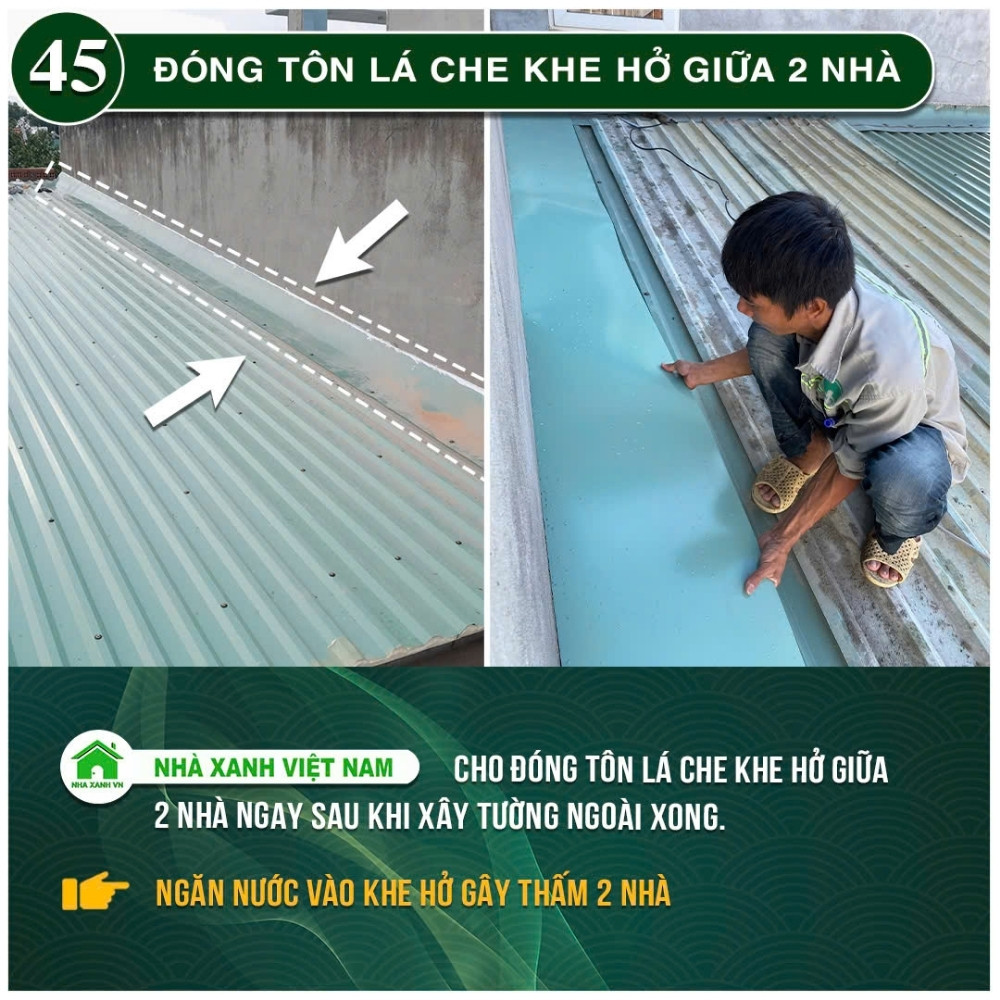 #77 Biện pháp thi công và Quy Trình bắt buộc trong thi công 122 Đóng tôn lá che khe hở giữa 2 nhà.