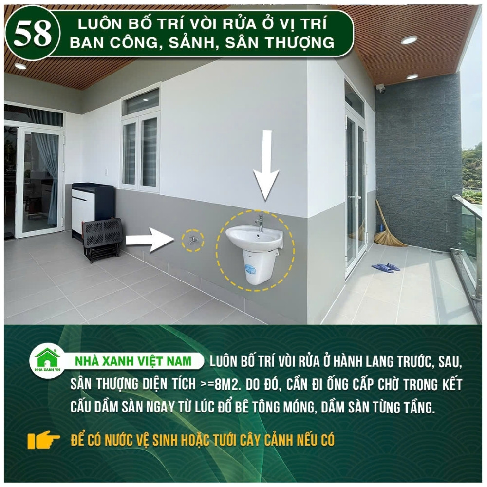 #77 Biện pháp thi công và Quy Trình bắt buộc trong thi công 135 Luôn bố trí vòi rửa ở vị trí ban công, sảnh, sân thượng.