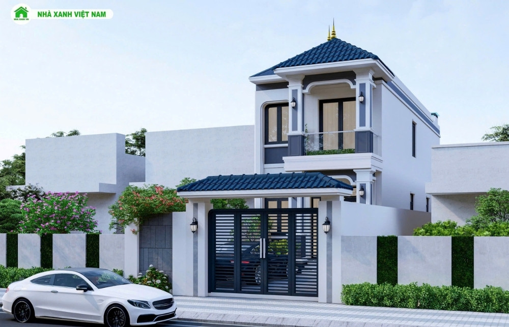 Mẫu nhà 1 trệt 1 lầu mái Nhật 6x16,5m 3 phòng ngủ NP2T-NX-11 12 3D ngoại thất mẫu nhà 1 trệt 1 lầu mái Nhật 6x16,5m - view mặt tiền chính diện từ bên phải qua