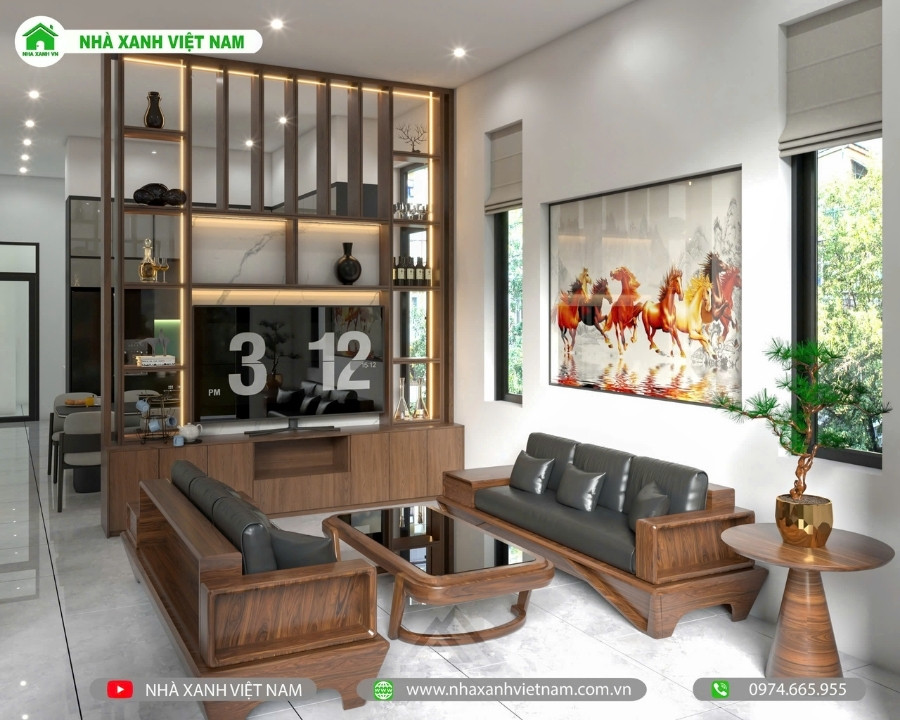Mẫu nhà cấp 4 mái Nhật đẹp 9.3x17m NCB-202502 63 3D Nội thất phòng khách view 1