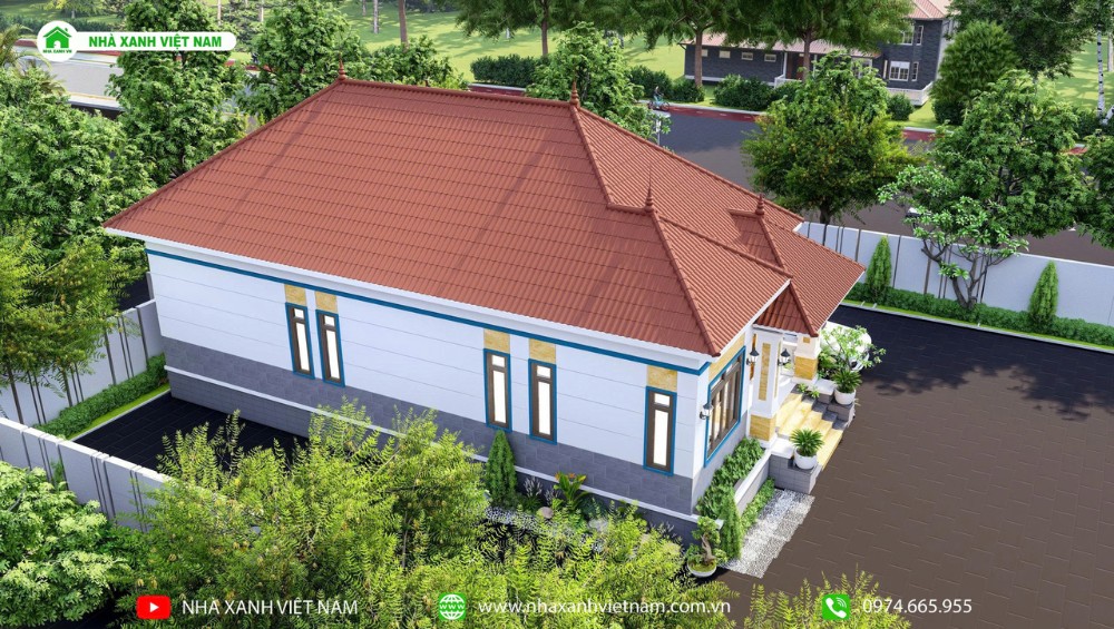 3D mặt tiền mẫu nhà cấp 4 mái Nhật đẹp 9.3x17m - view từ trên xuống