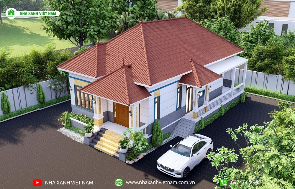 3D mặt tiền mẫu nhà cấp 4 mái Nhật đẹp 9.3x17m - view từ trên xuống