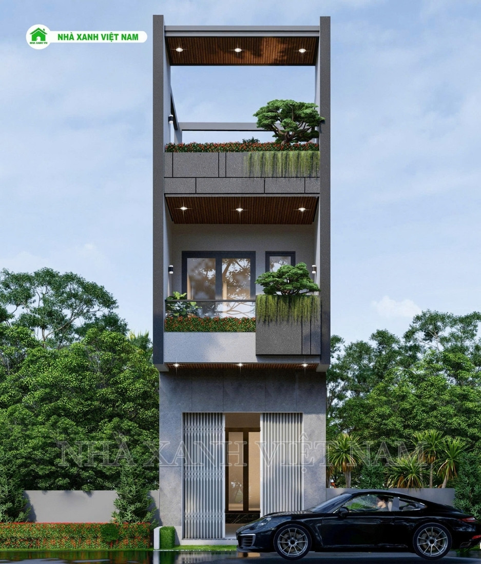 3D ngoại thất mẫu nhà 1 trệt 2 lầu 3.7x27m hiện đại - view mặt tiền chính diện
