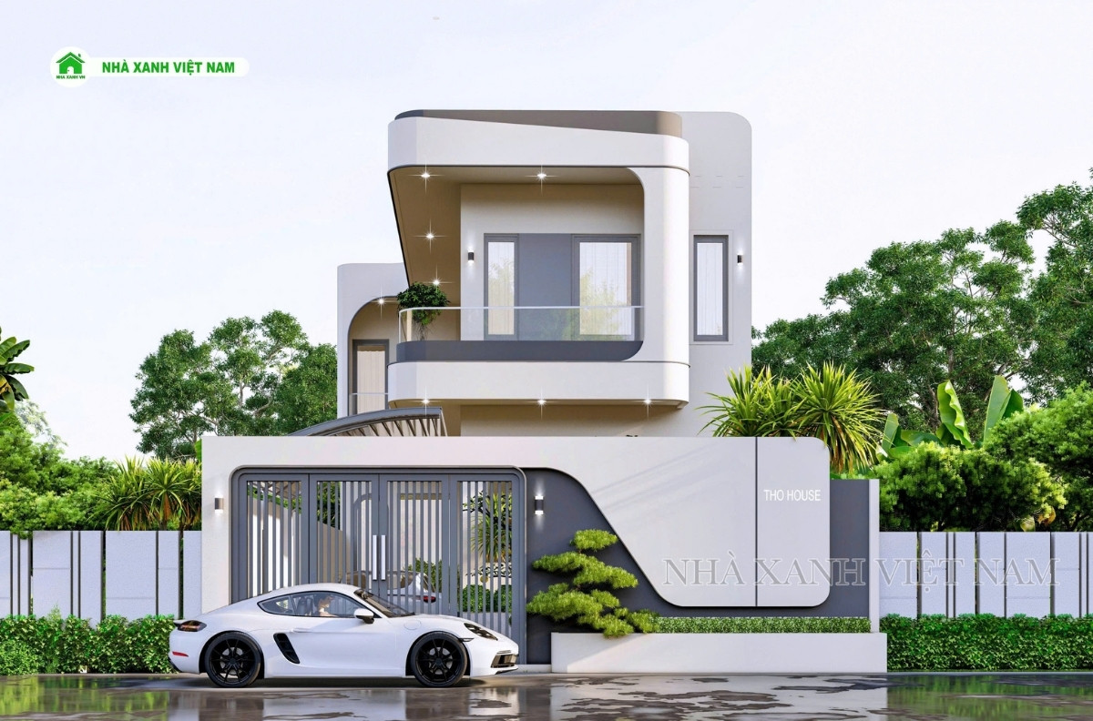 3D ngoại thất Mẫu Nhà 1 trệt 1 lầu 8x18m hiện đại - view mặt tiền chính diện