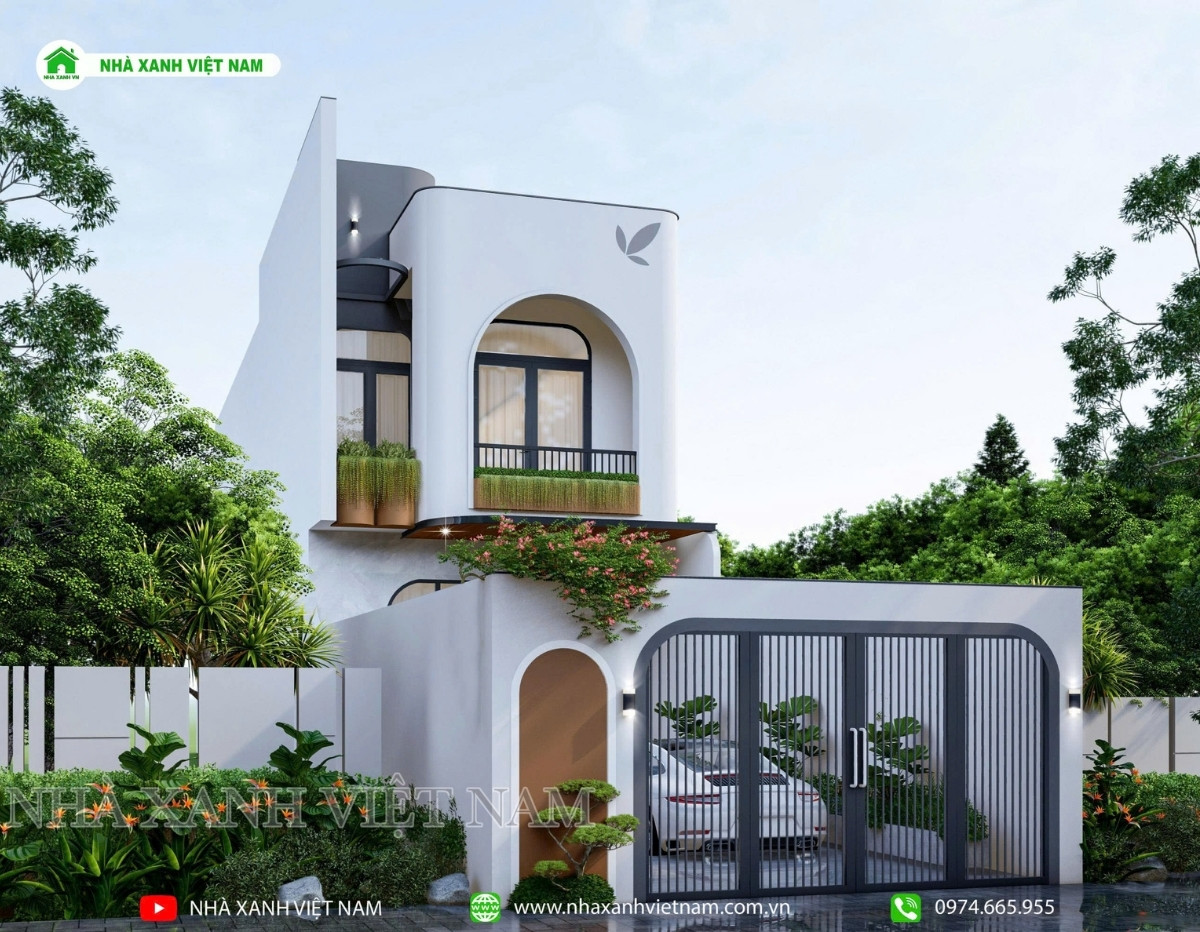 3D ngoại thất mẫu nhà phố hiện đại 1 trệt 1 lầu 5x18.5m - mặt tiền chính diện từ bên phải qua