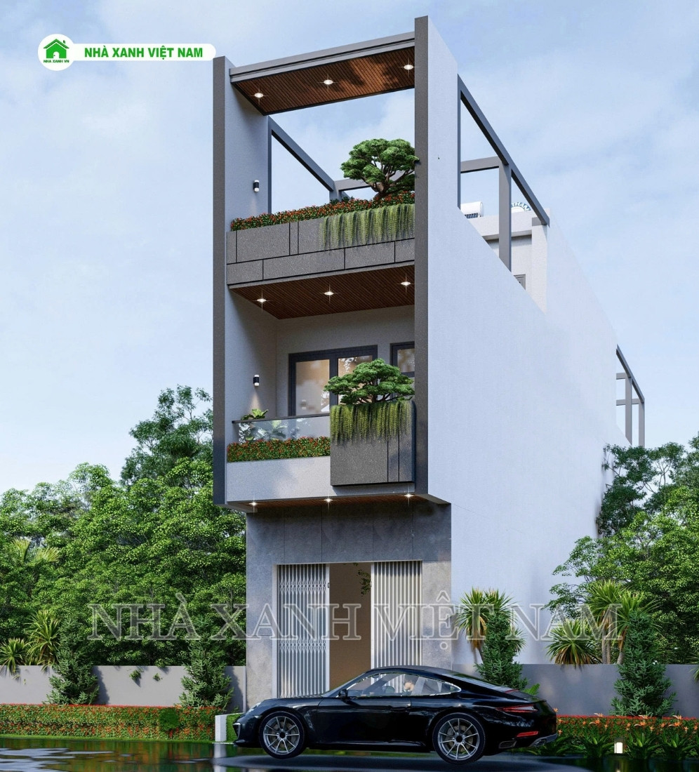 3D ngoại thất mẫu nhà 1 trệt 2 lầu 3.7x27m hiện đại - view mặt tiền từ bên phải qua