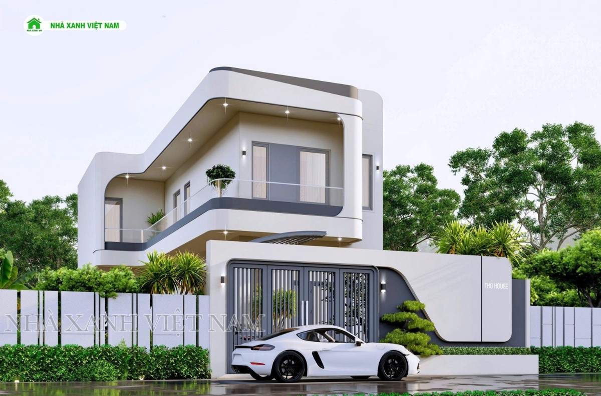 3D ngoại thất Mẫu Nhà 1 trệt 1 lầu 8x18m hiện đại - view mặt tiền bên trái