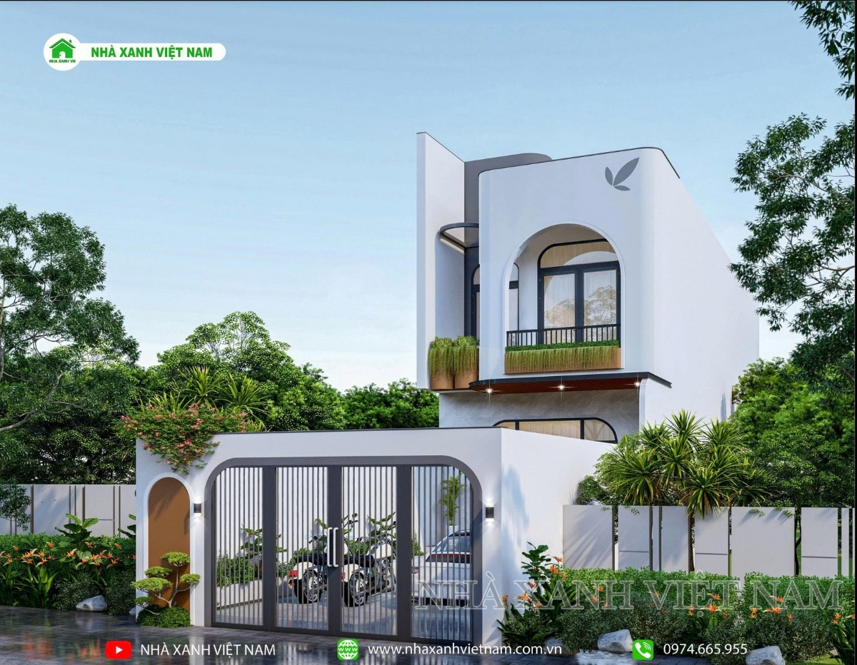 3D ngoại thất mẫu nhà phố hiện đại 1 trệt 1 lầu 5x18.5m - mặt tiền chính diện từ bên trái qua