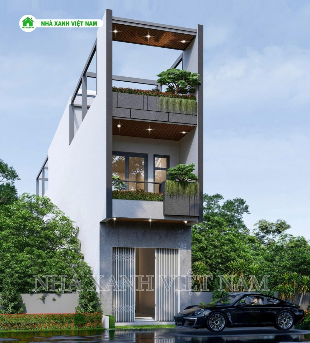 3D ngoại thất mẫu nhà 1 trệt 2 lầu 3.7x27m hiện đại - view mặt tiền từ bên trái qua