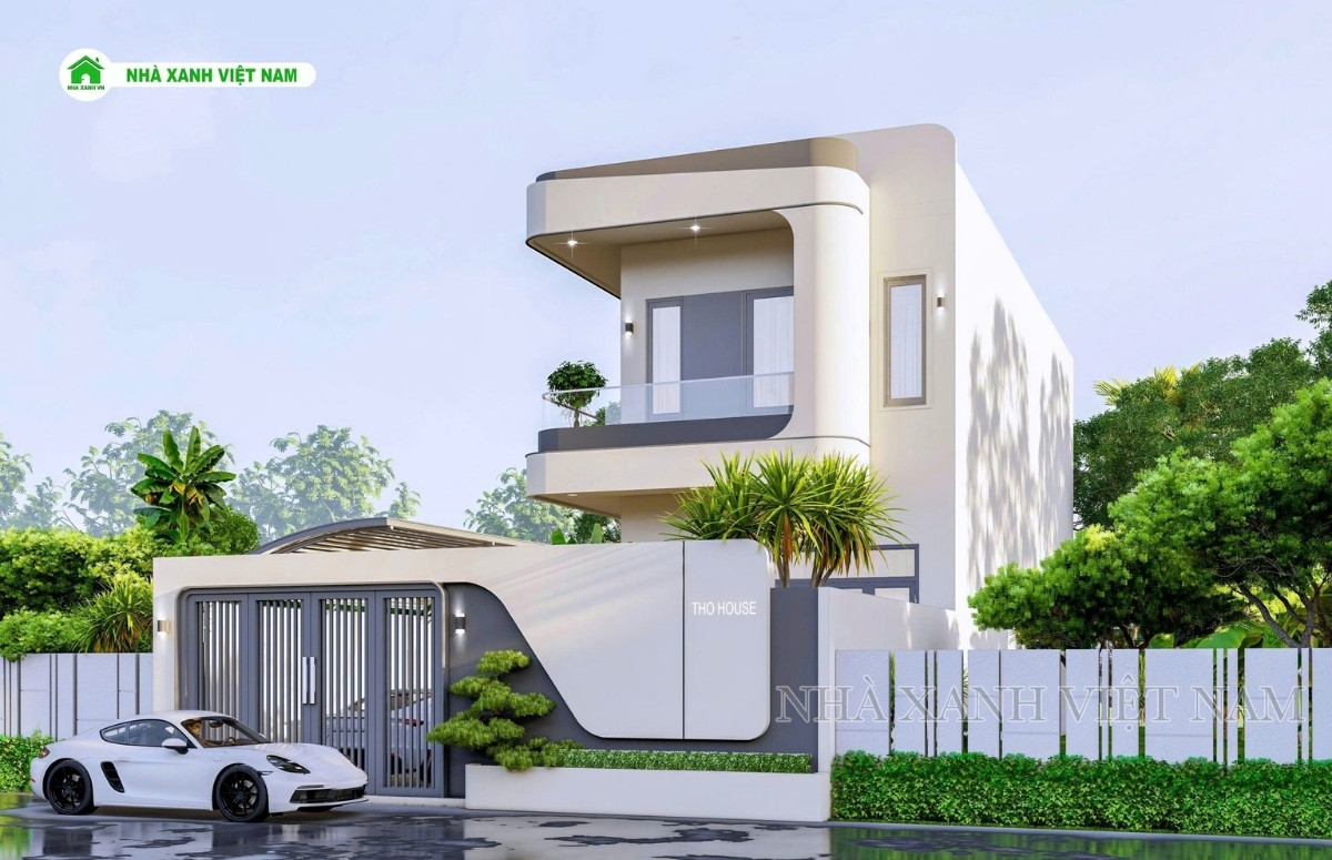 3D ngoại thất Mẫu Nhà 1 trệt 1 lầu 8x18m hiện đại - view mặt tiền bên phải