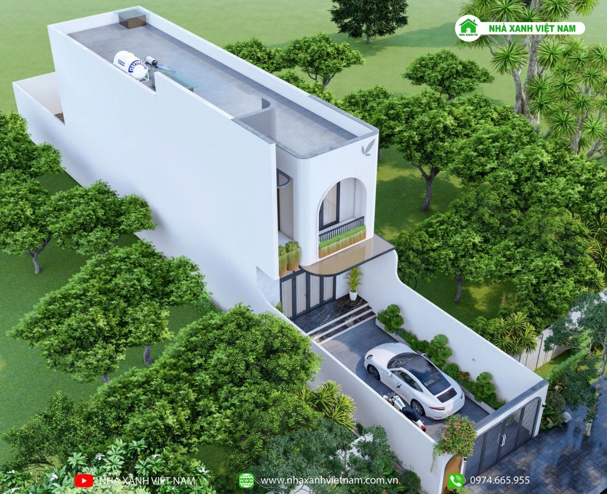 3D ngoại thất mẫu nhà phố hiện đại 1 trệt 1 lầu 5x18.5m - mặt tiền từ trên xuống