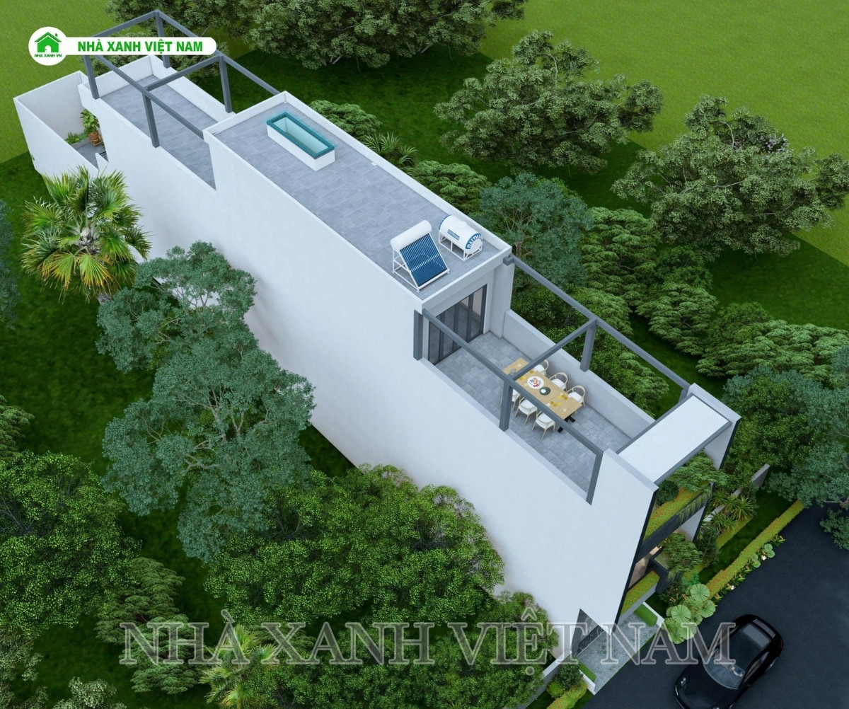 3D ngoại thất mẫu nhà 1 trệt 2 lầu 3.7x27m hiện đại - view từ trên xuống