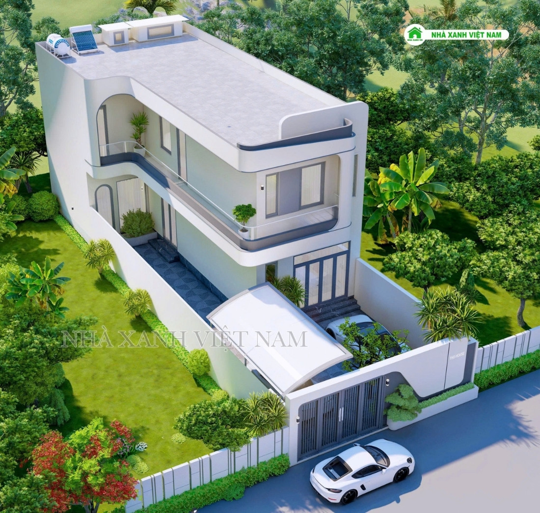 3D ngoại thất Mẫu Nhà 1 trệt 1 lầu 8x18m hiện đại - view từ trên xuống