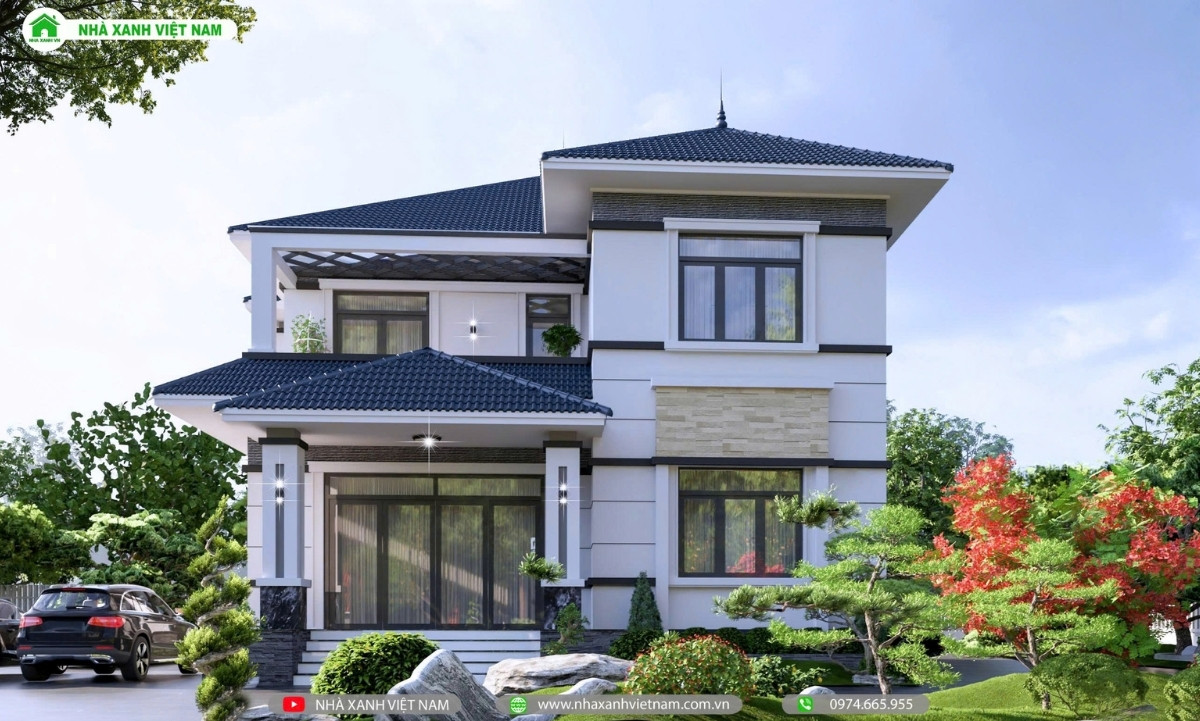 Mẫu nhà 2 tầng mái Nhật hiện đại 12.5mx15.5m - MN2T-ĐN03 9 Mặt tiền mẫu nhà 2 tầng mái Nhật hiện đại 12.5mx15,5m - view chính diện