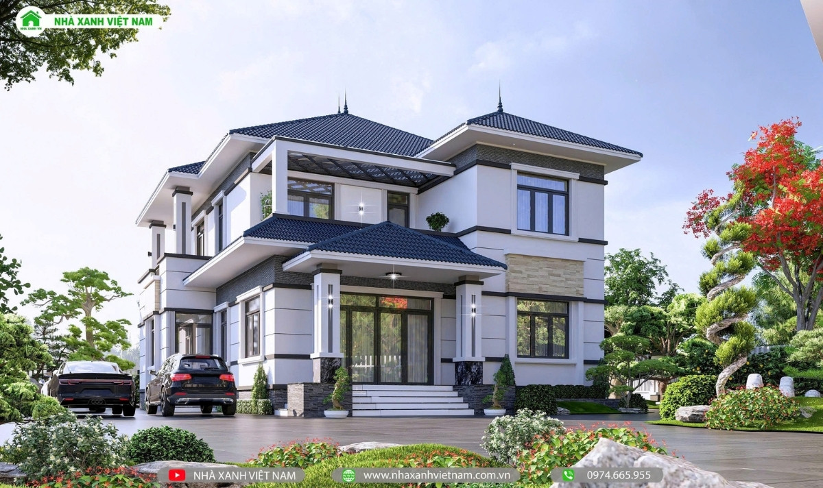 Mẫu nhà 2 tầng mái Nhật hiện đại 12.5mx15.5m - MN2T-ĐN03 10 Mặt tiền mẫu nhà 2 tầng mái Nhật hiện đại 12.5mx15,5m - view chính diện từ bên trái qua