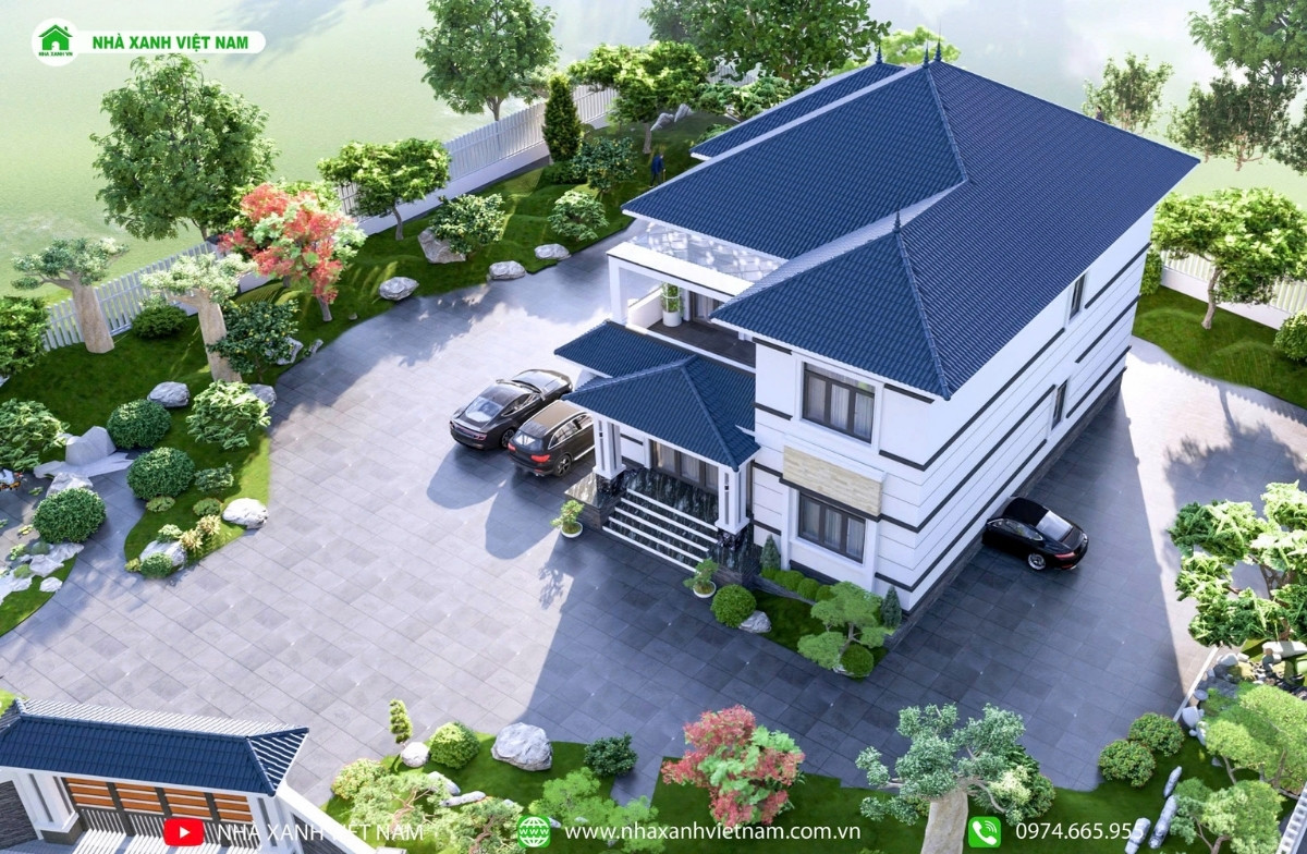 Mẫu nhà 2 tầng mái Nhật hiện đại 12.5mx15.5m - MN2T-ĐN03 13 Mặt tiền mẫu nhà 2 tầng mái Nhật hiện đại 12.5mx15,5m - view từ trên xuống 2