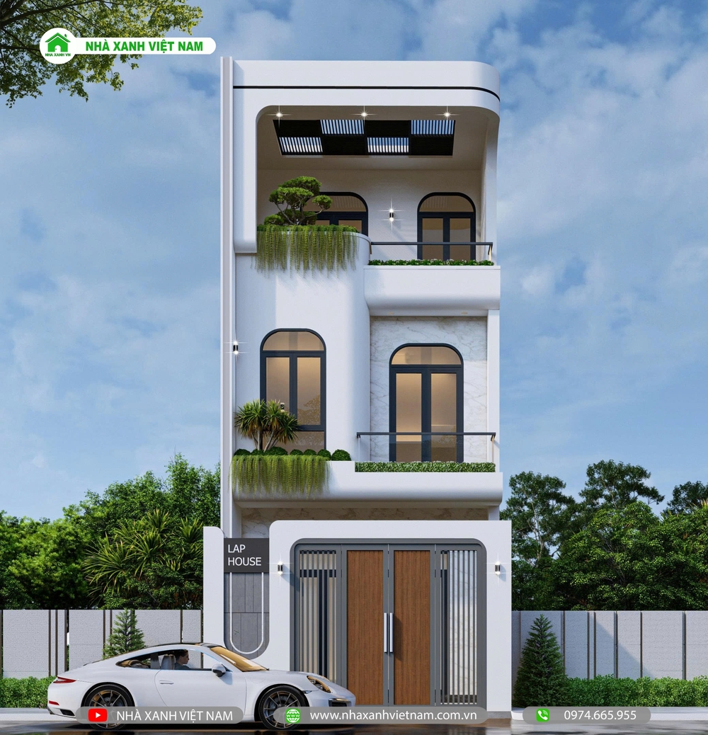 Nhà 1 trệt 2 lầu 5x19m mái bằng Hiện Đại - NP3T-NX-4 7 3D mặt tiền nhà 1 trệt 2 lầu 5x19m mái bằng Hiện Đại - view chính diện