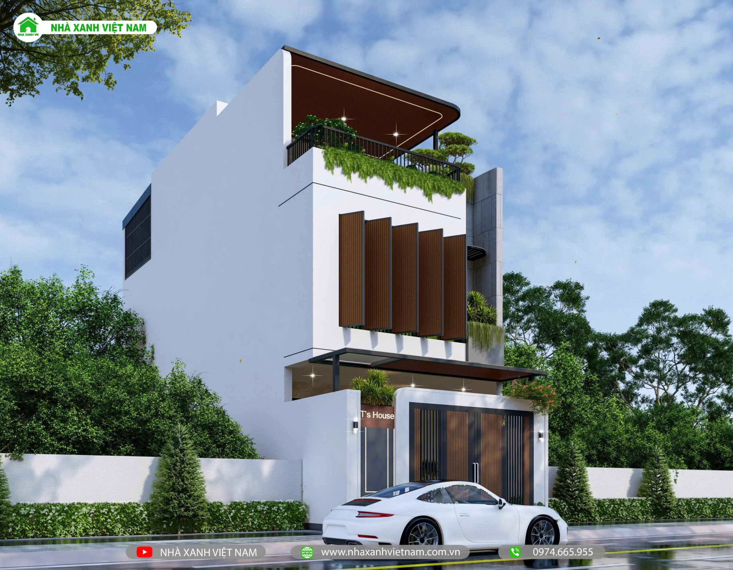 3D mặt tiền mẫu nhà phố 1 trệt 1 lầu 5.5x20m NP2T-NX-12 - view chính diện từ trái qua