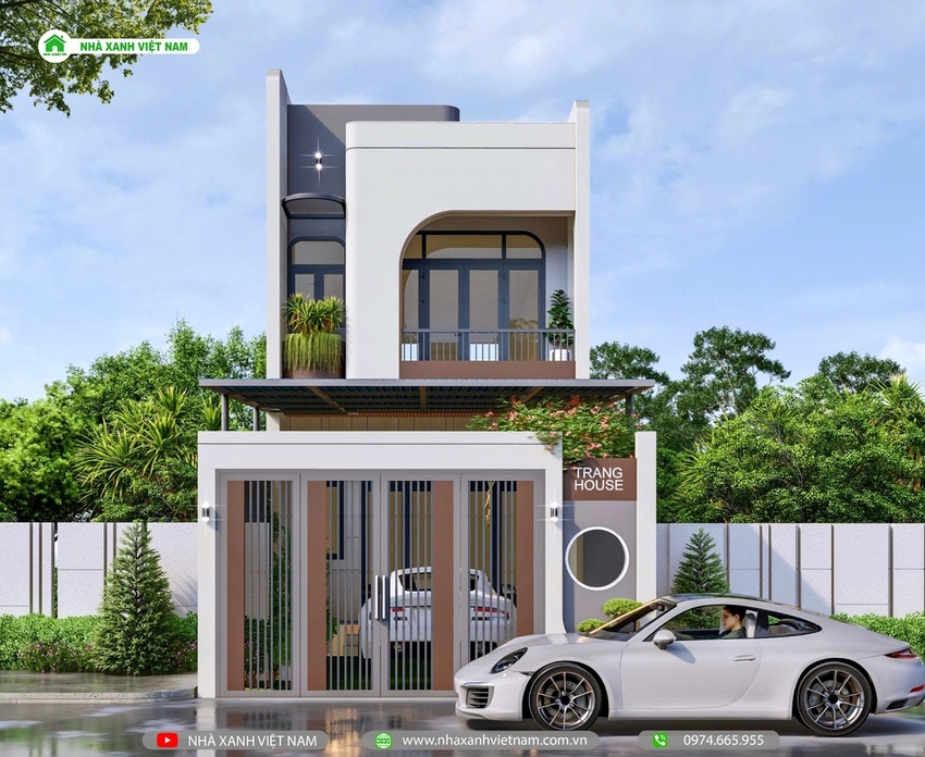 3D ngoại thất mặt tiền mẫu nhà phố 2 tầng 5x17m hiện đại - view chính diện