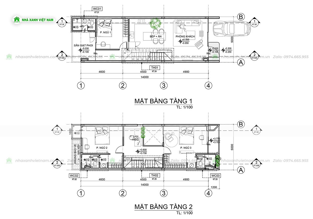 Công năng tầng 1 và 2 mẫu nhà 3 tầng 5x16m