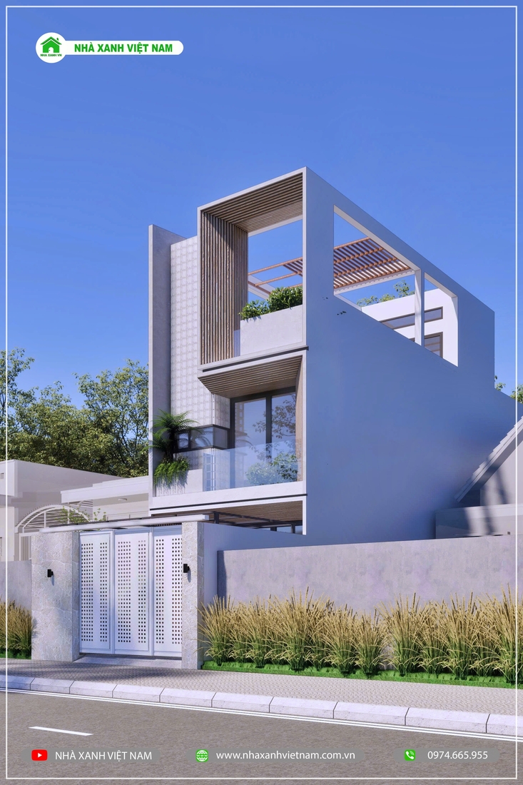 3D ngoại thất mẫu nhà 1 trệt 2 lầu 5x16m hiện đại - view từ bên trái qua