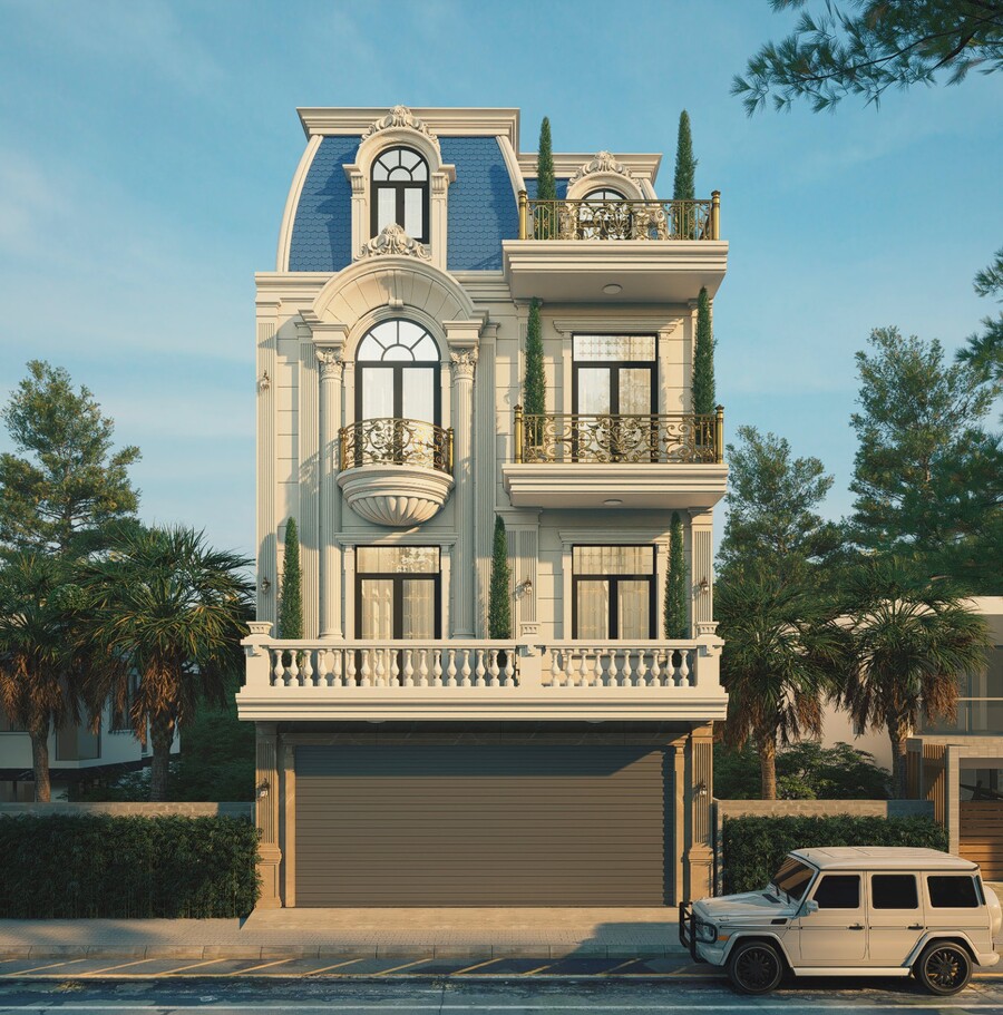 Mẫu nhà 4 tầng 9mx16m tân cổ điển NP4T-NX-8 30 3D mặt tièn mẫu nhà 4 tầng 9mx16m tân cổ điển - view chính diện