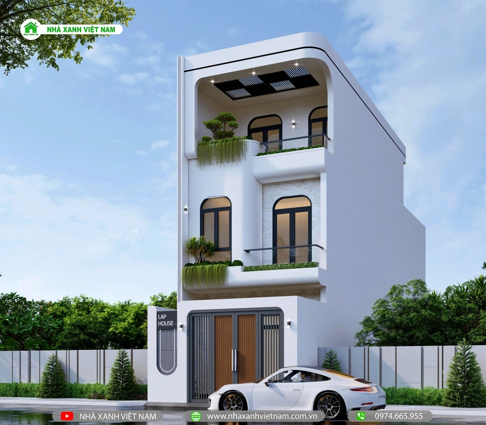 Nhà 1 trệt 2 lầu 5x19m mái bằng Hiện Đại - NP3T-NX-4 8 3D mặt tiền nhà 1 trệt 2 lầu 5x19m mái bằng Hiện Đại - view chính diện từ bên phải qua