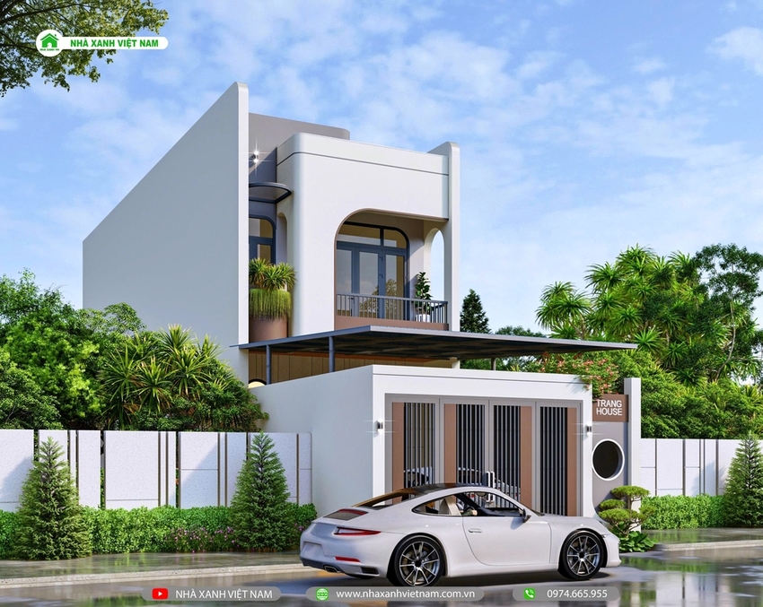 3D ngoại thất mặt tiền mẫu nhà phố 2 tầng 5x17m hiện đại - view chính diện từ phải qua