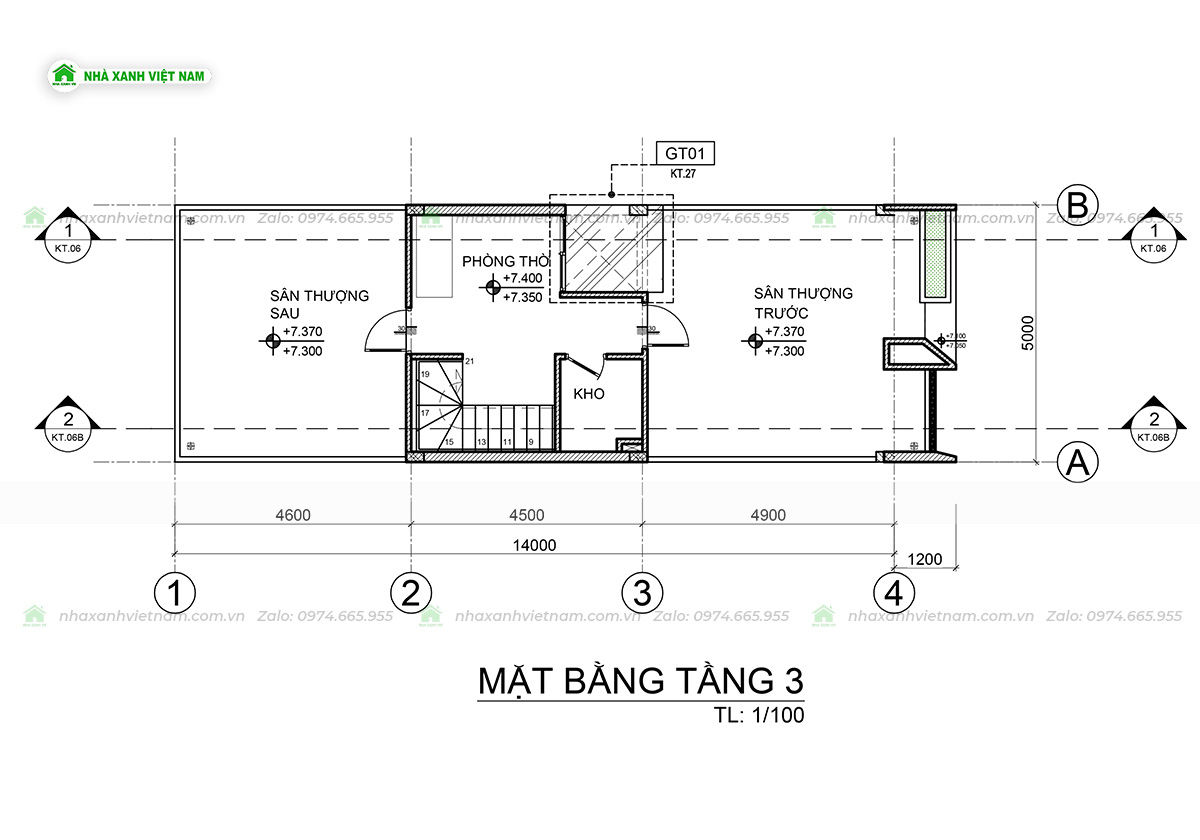 Công năng tầng 3 mẫu nhà 3 tầng 5x16m