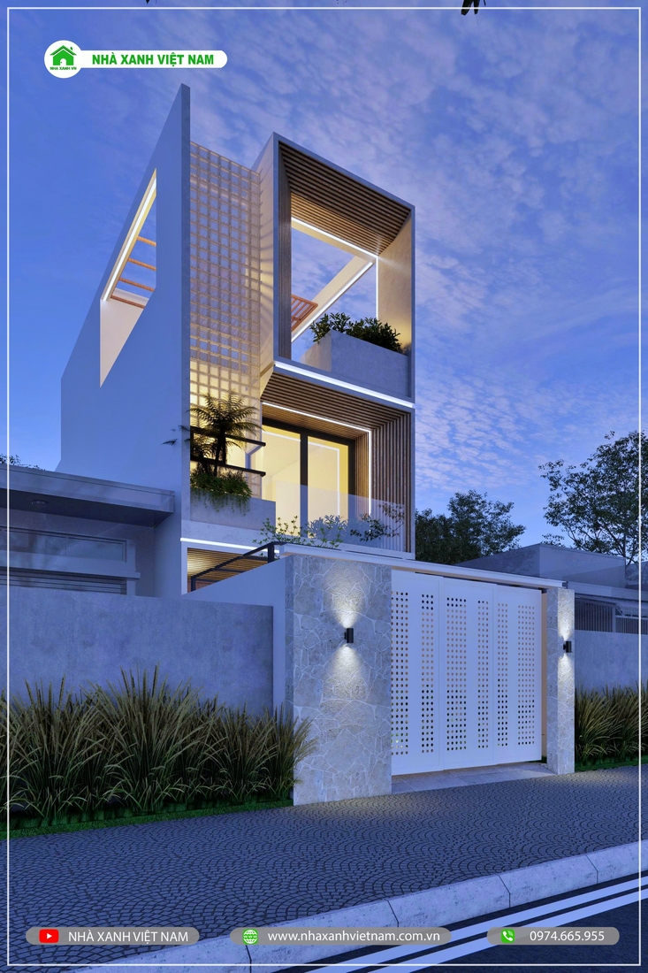 3D ngoại thất mẫu nhà 1 trệt 2 lầu 5x16m hiện đại - view từ bên phải qua ban đêm 