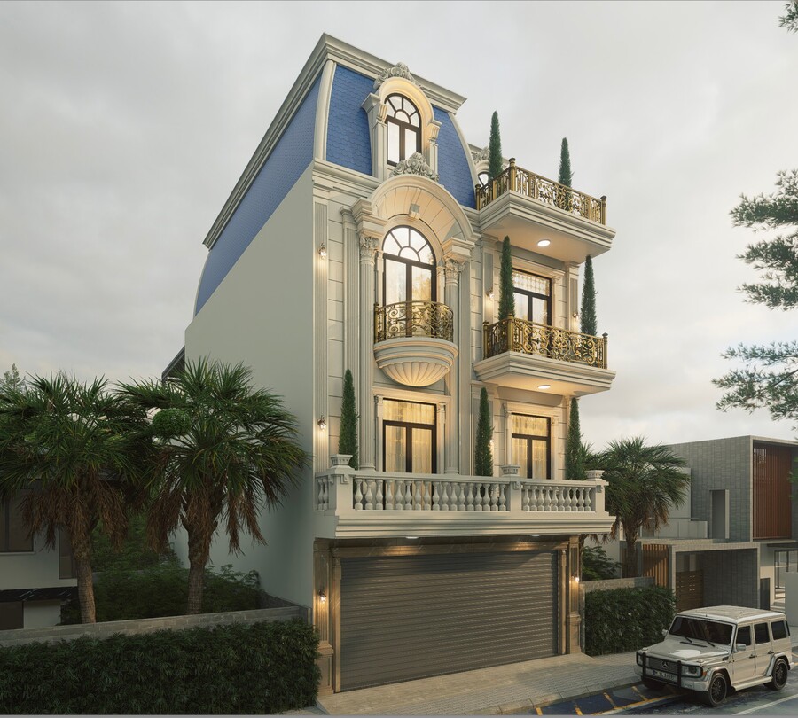 Mẫu nhà 4 tầng 9mx16m tân cổ điển NP4T-NX-8 31 3D mặt tièn mẫu nhà 4 tầng 9mx16m tân cổ điển - view chính diện từ trái qua