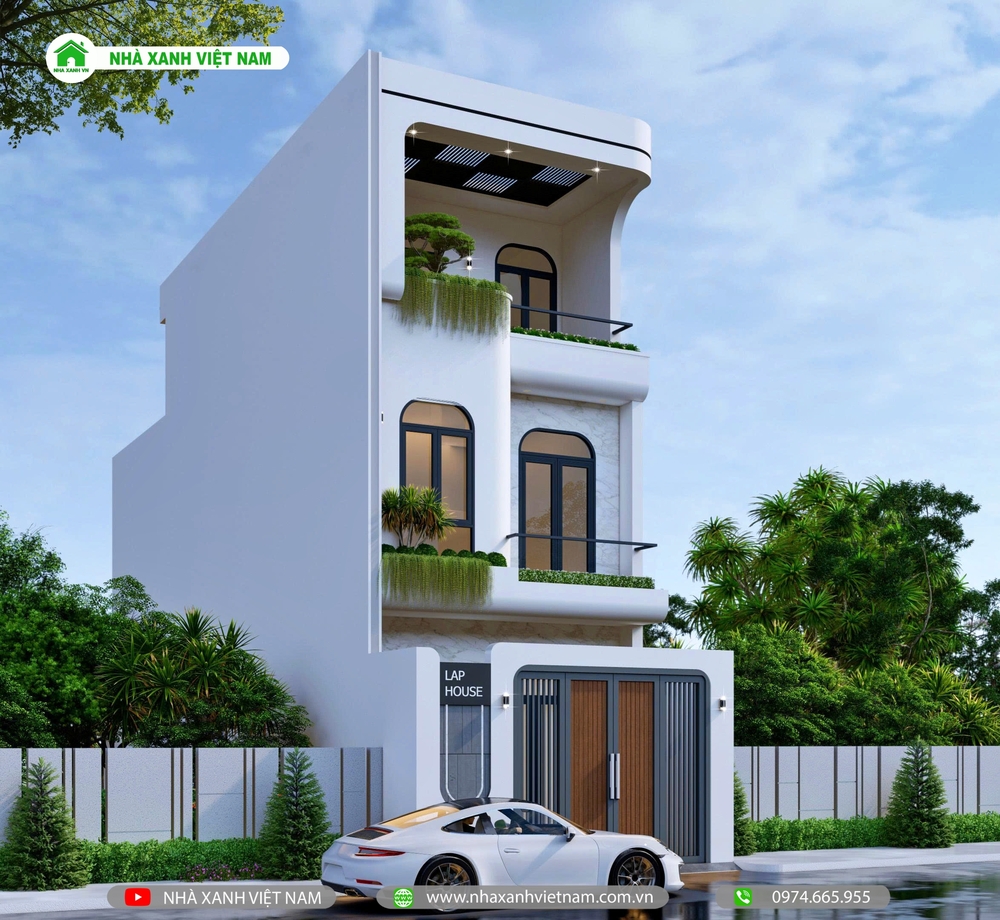 Nhà 1 trệt 2 lầu 5x19m mái bằng Hiện Đại - NP3T-NX-4 9 3D mặt tiền nhà 1 trệt 2 lầu 5x19m mái bằng Hiện Đại - view chính diện từ bên trái qua