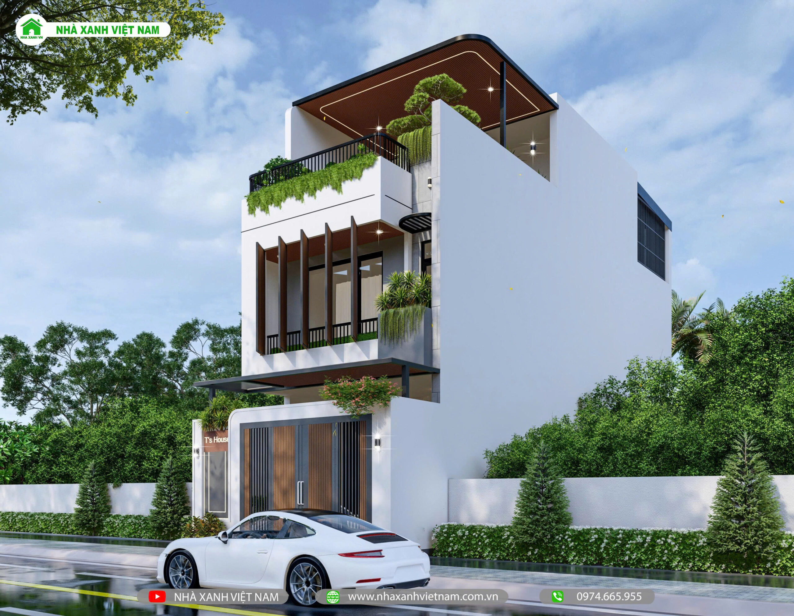 3D mặt tiền mẫu nhà phố 1 trệt 1 lầu 5.5x20m NP2T-NX-12 - view chính diện từ phải qua