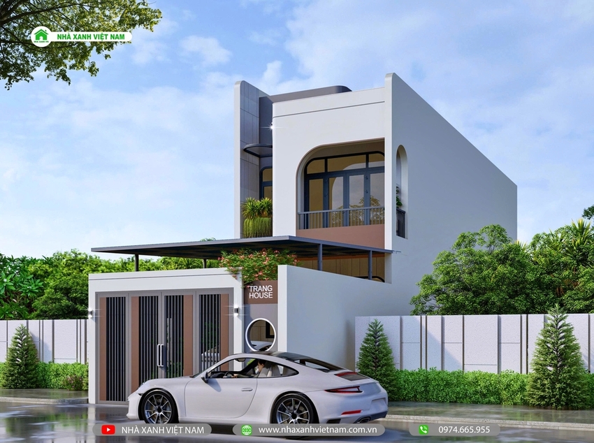 3D ngoại thất mặt tiền mẫu nhà phố 2 tầng 5x17m hiện đại - view chính diện từ trái qua