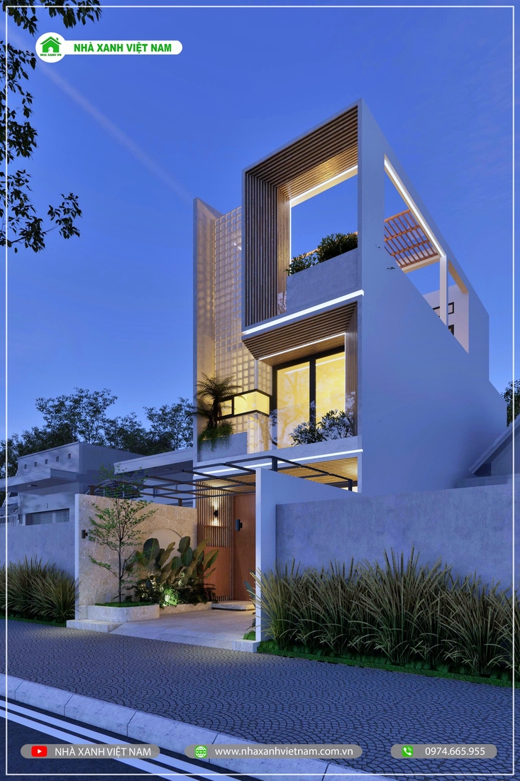 3D ngoại thất mẫu nhà 1 trệt 2 lầu 5x16m hiện đại - view từ bên trái qua ban đêm