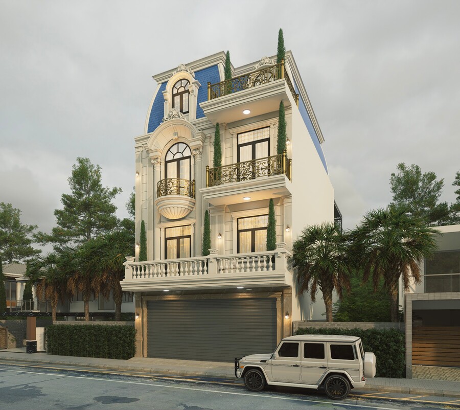 Mẫu nhà 4 tầng 9mx16m tân cổ điển NP4T-NX-8 32 3D mặt tièn mẫu nhà 4 tầng 9mx16m tân cổ điển - view chính diện từ phải qua