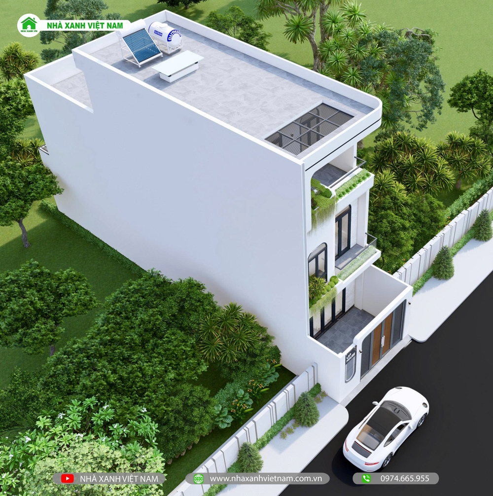 Nhà 1 trệt 2 lầu 5x19m mái bằng Hiện Đại - NP3T-NX-4 10 3D mặt tiền nhà 1 trệt 2 lầu 5x19m mái bằng Hiện Đại - view chính diện từ trên xuống