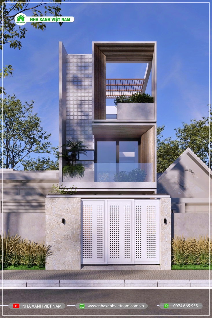 3D ngoại thất mẫu nhà 1 trệt 2 lầu 5x16m hiện đại - view chính diện