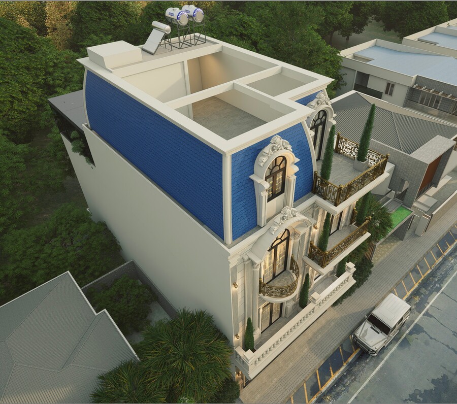 Mẫu nhà 4 tầng 9mx16m tân cổ điển NP4T-NX-8 33 3D mặt tièn mẫu nhà 4 tầng 9mx16m tân cổ điển - view chính diện từ trên xuống