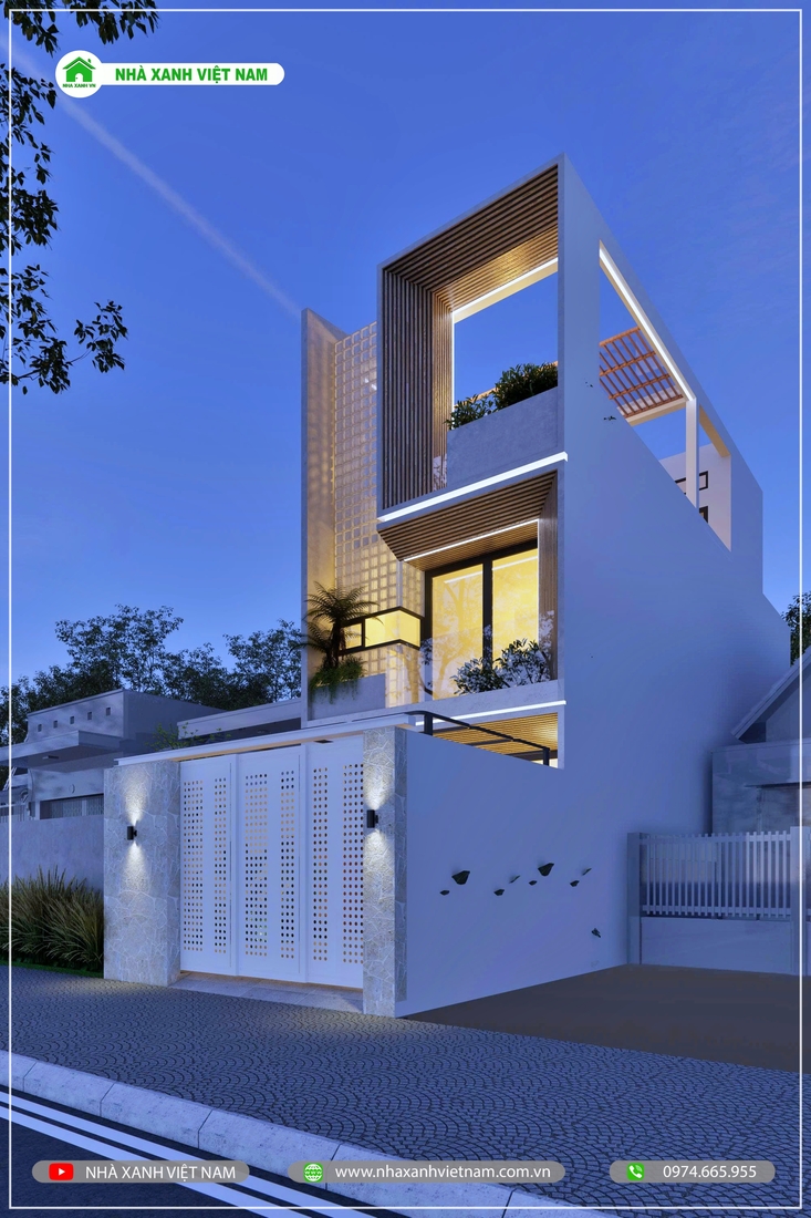 3D ngoại thất mẫu nhà 1 trệt 2 lầu 5x16m hiện đại - view từ bên trái qua ban đêm 2