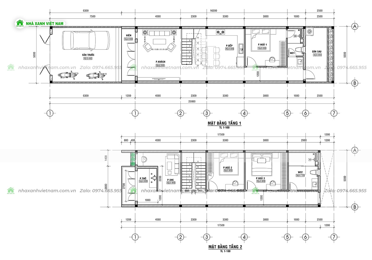 Mặt bằng công năng mẫu nhà phố 2 tầng 5x17m hiện đại