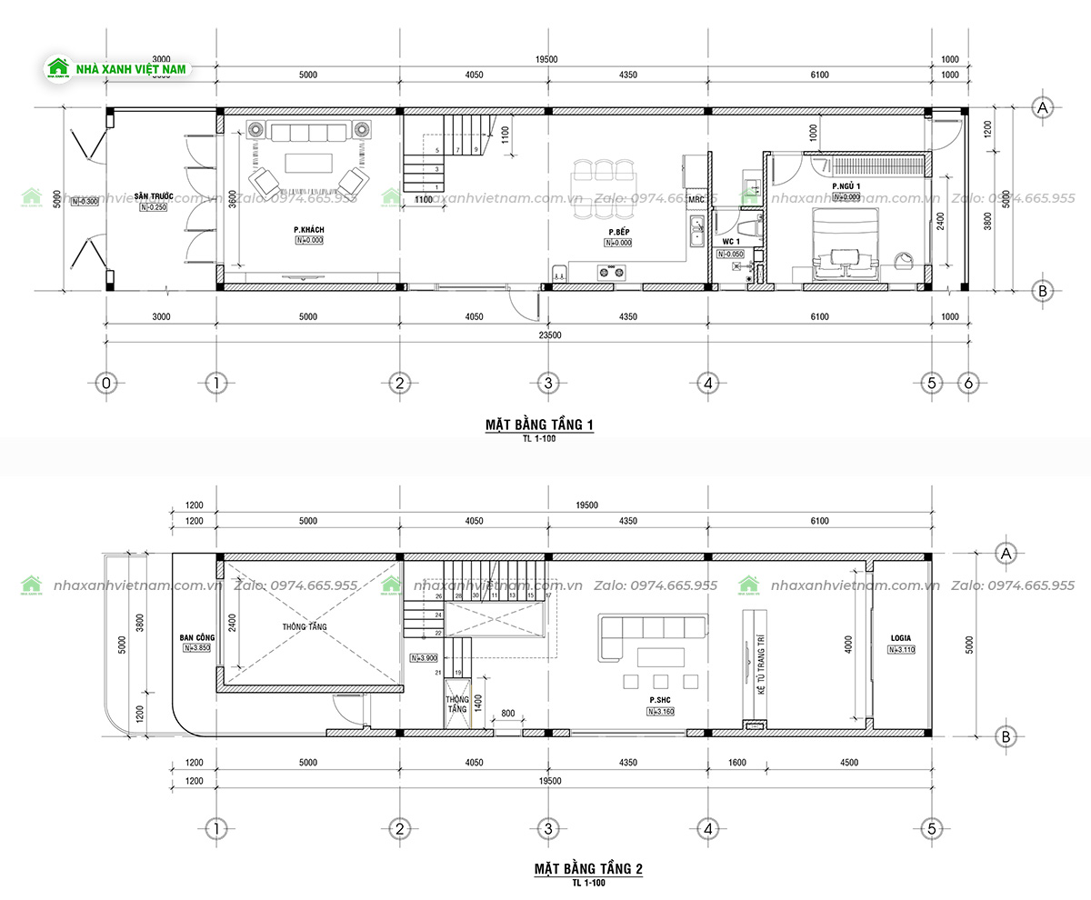 Mặt bằng công năng tầng 1 và 2 nhà 1 trệt 2 lầu 5x19m hiện đại