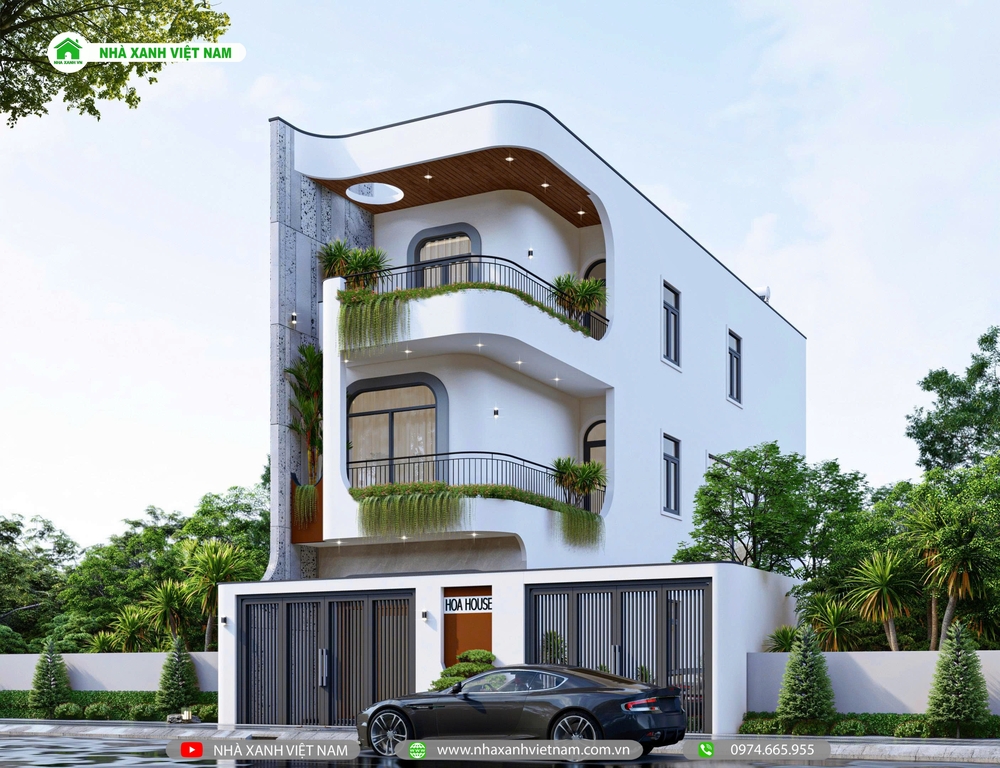 Mặt tiền nhà 1 trệt 2 lầu 5x19m hiện đại - view chính diện từ bên phải qua