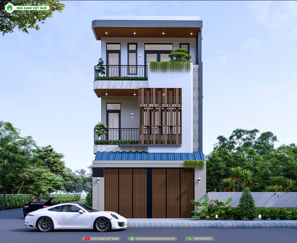 3D mặt tiền nhà 1 trệt 2 lầu 6x17m hiện đại - view chính diện