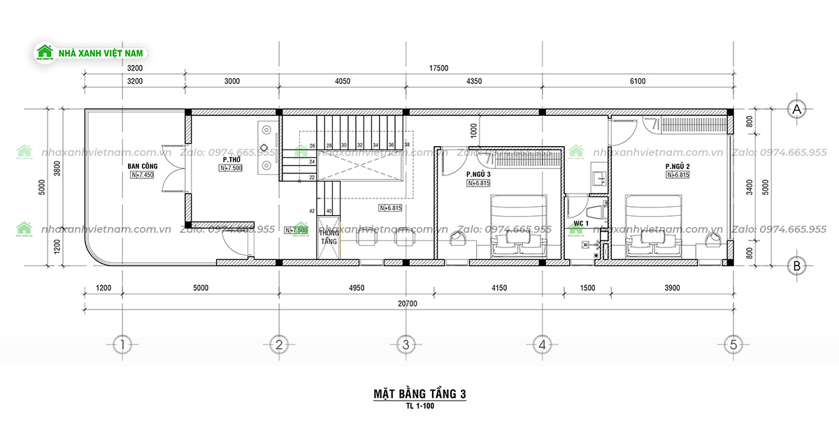 Mặt bằng công năng tầng 3 nhà 1 trệt 2 lầu 5x19m hiện đại